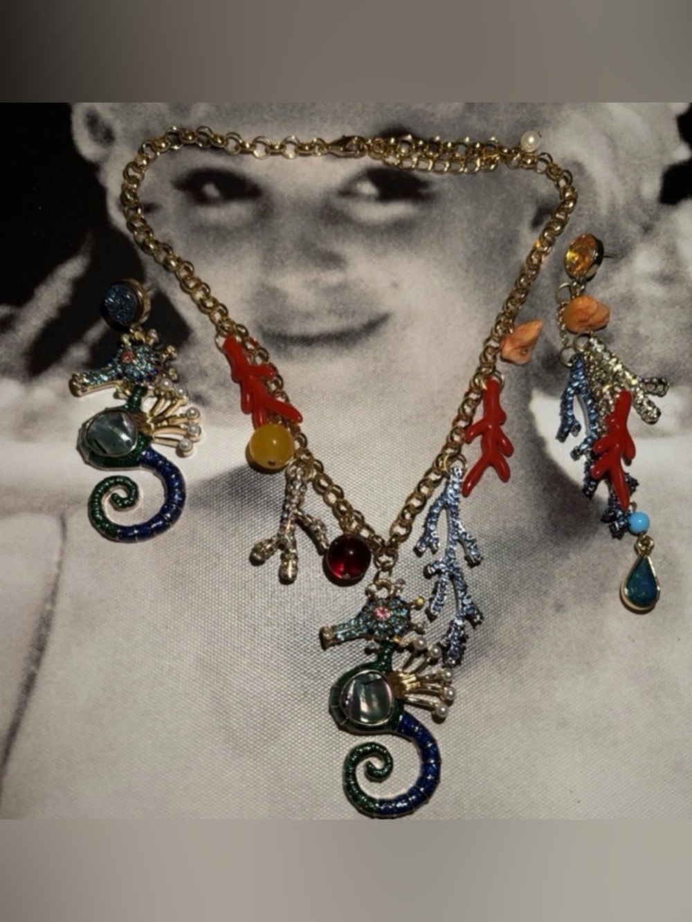 Betsey Johnson Seahorse Coral Charm Necklace and Earring Set